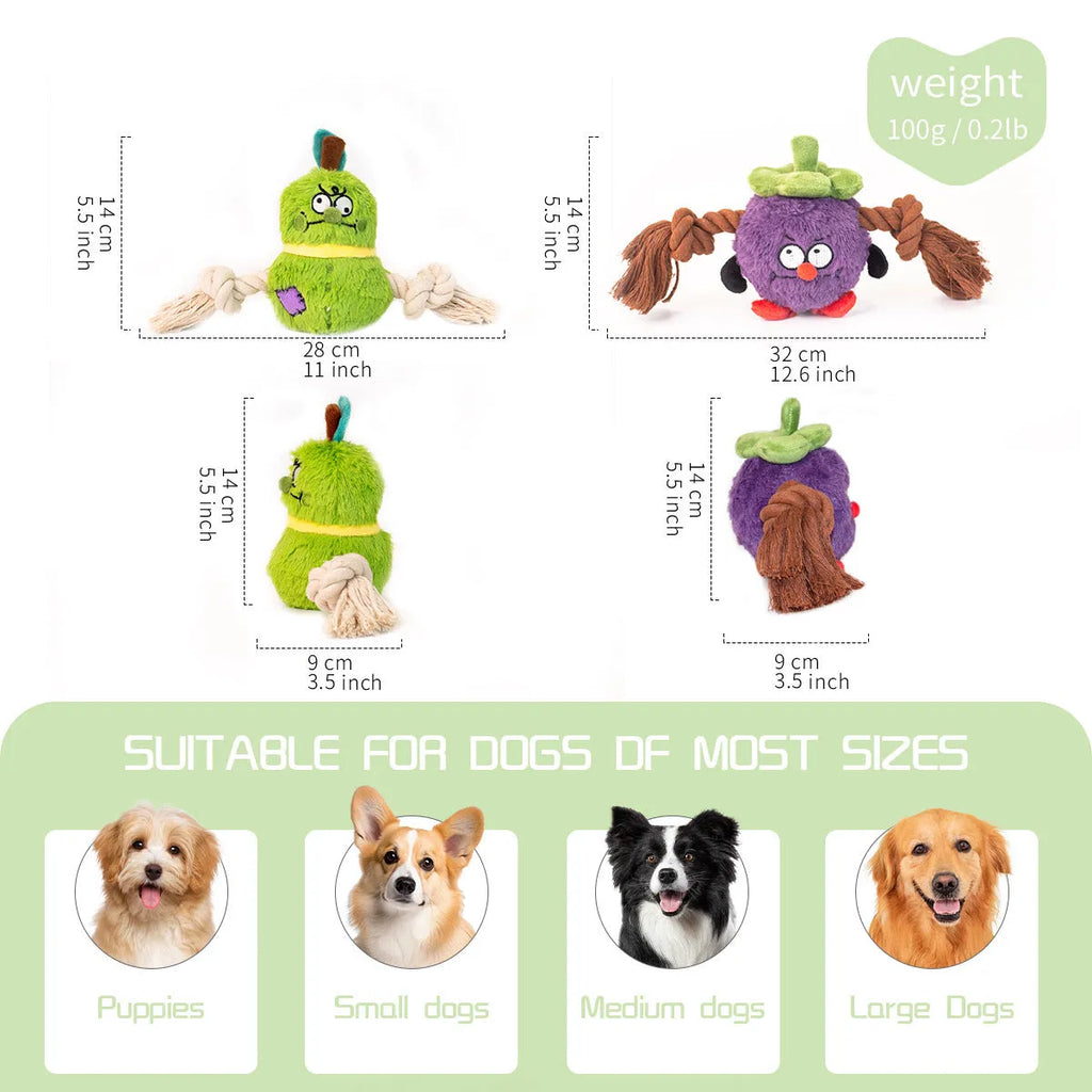 Green and purple interactive dog plush toy with internal rope knot for tug-of-war and chewing.