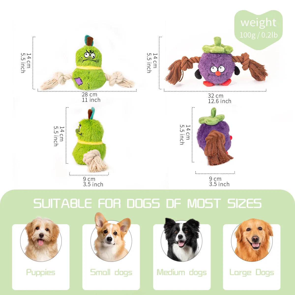 Green and purple interactive dog plush toy with internal rope knot for tug-of-war and chewing.