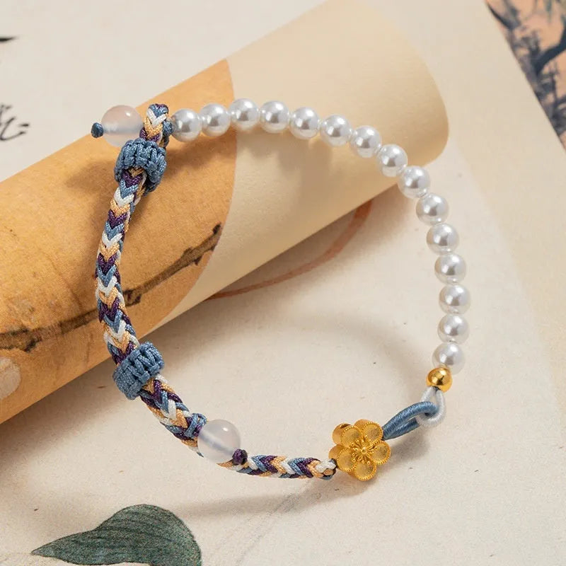 Sterling silver chalcedony carrying strap bracelet with Chinese flower weaving and peach colour