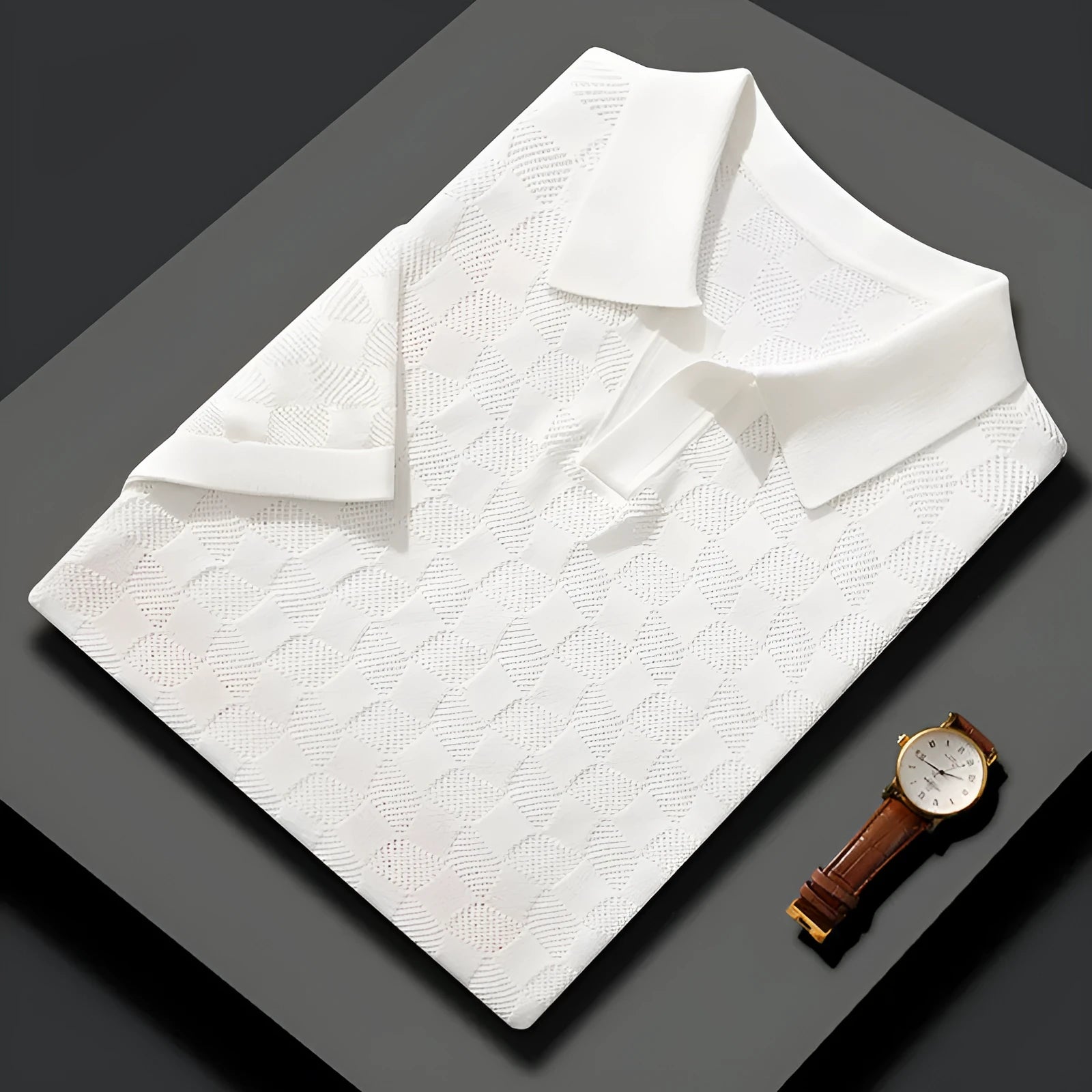Men's short sleeve mulberry silk sweater with lapel in a solid colour