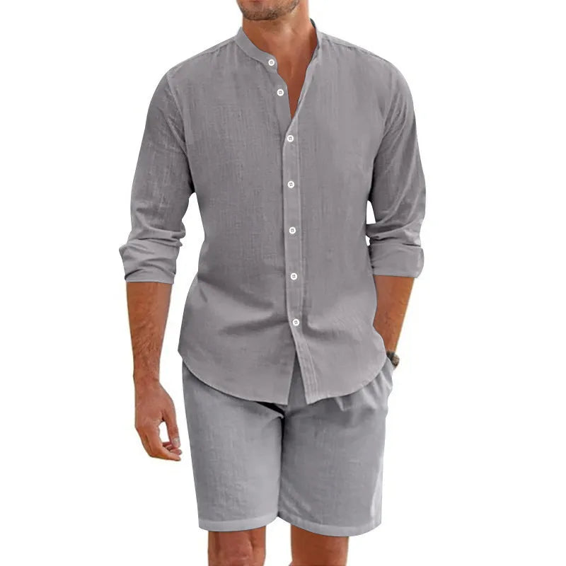 Men's dark grey short sleeve shirt and matching drawstring shorts summer suit set