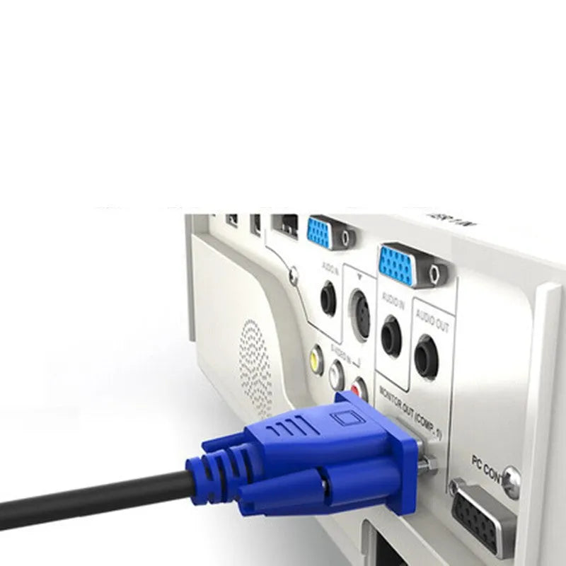 Black VGA video cable with blue connector heads measuring 1.5 metres for computer monitor connections