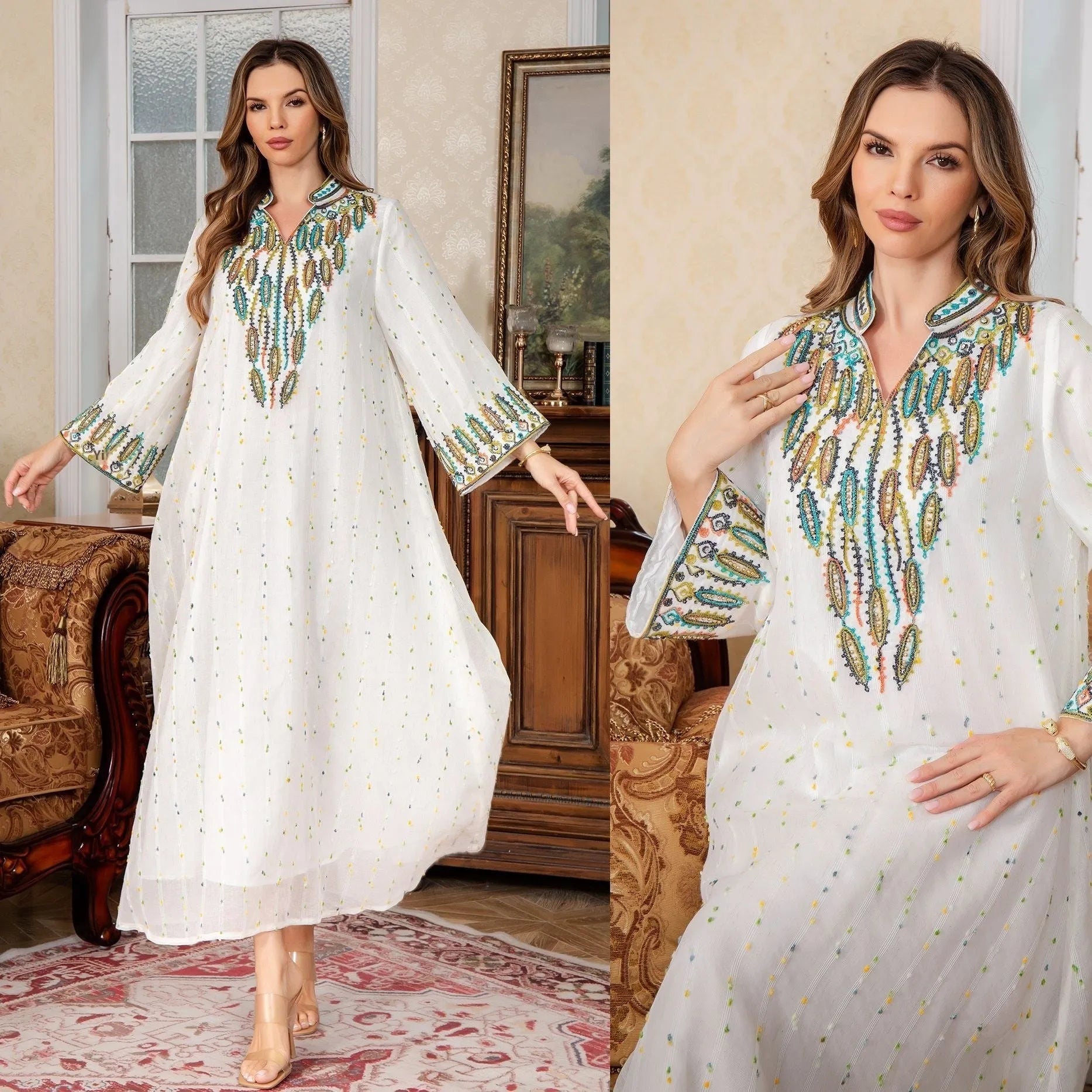 White Arabic robe for women with long sleeves and a floor-length skirt.