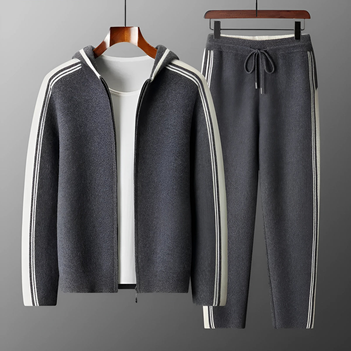 Men's wool two-piece set with hooded cardigan top and matching trousers in dark blue, dark grey, camel, or black
