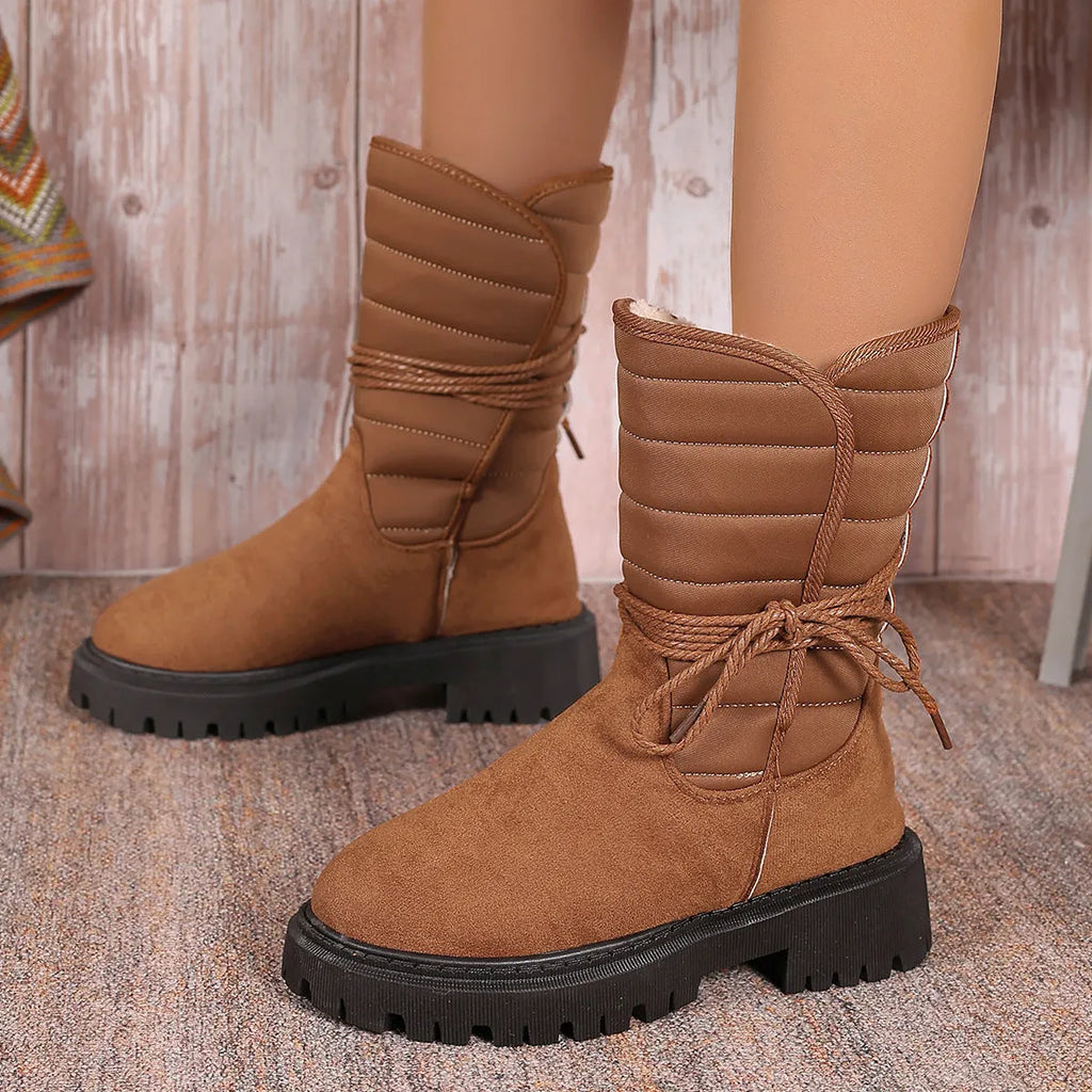 Women's chunky heel mid-tube snow boots with fleece lining and lace-up design