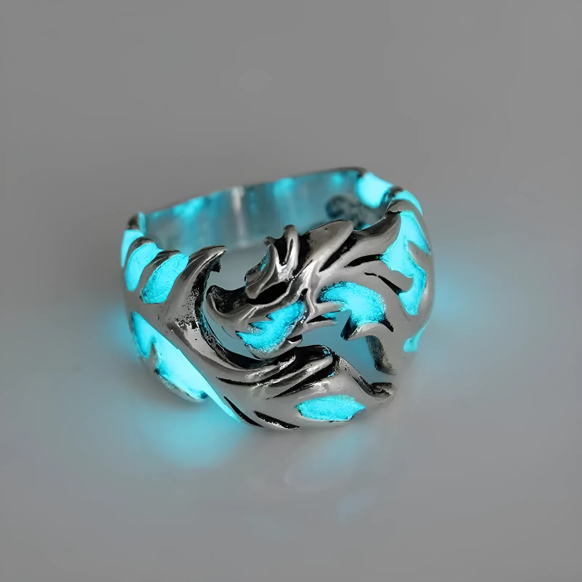 Adjustable Chinese dragon pattern ring with antiqued silver blue and green electroplated finish