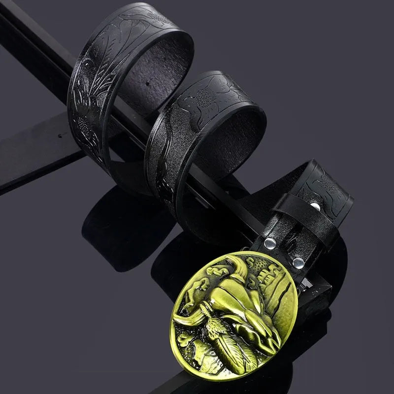 Men's black imitation leather belt with a detailed alloy cow head buckle and pin-buckle fastening.
