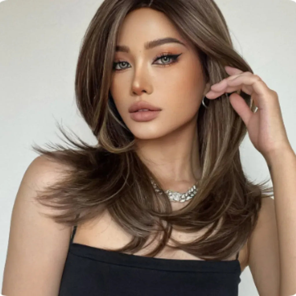 Mid-length platinum gradient colour full-head wig with long curly hair and bangs in high-temperature fibre