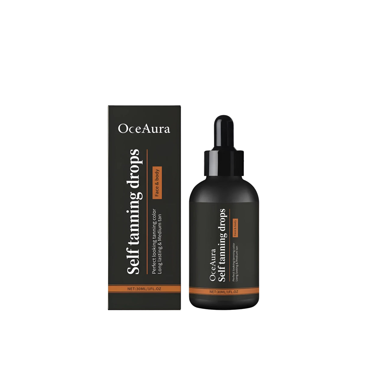 30ml dropper bottle of self tanning liquid with natural colourants for face and body
