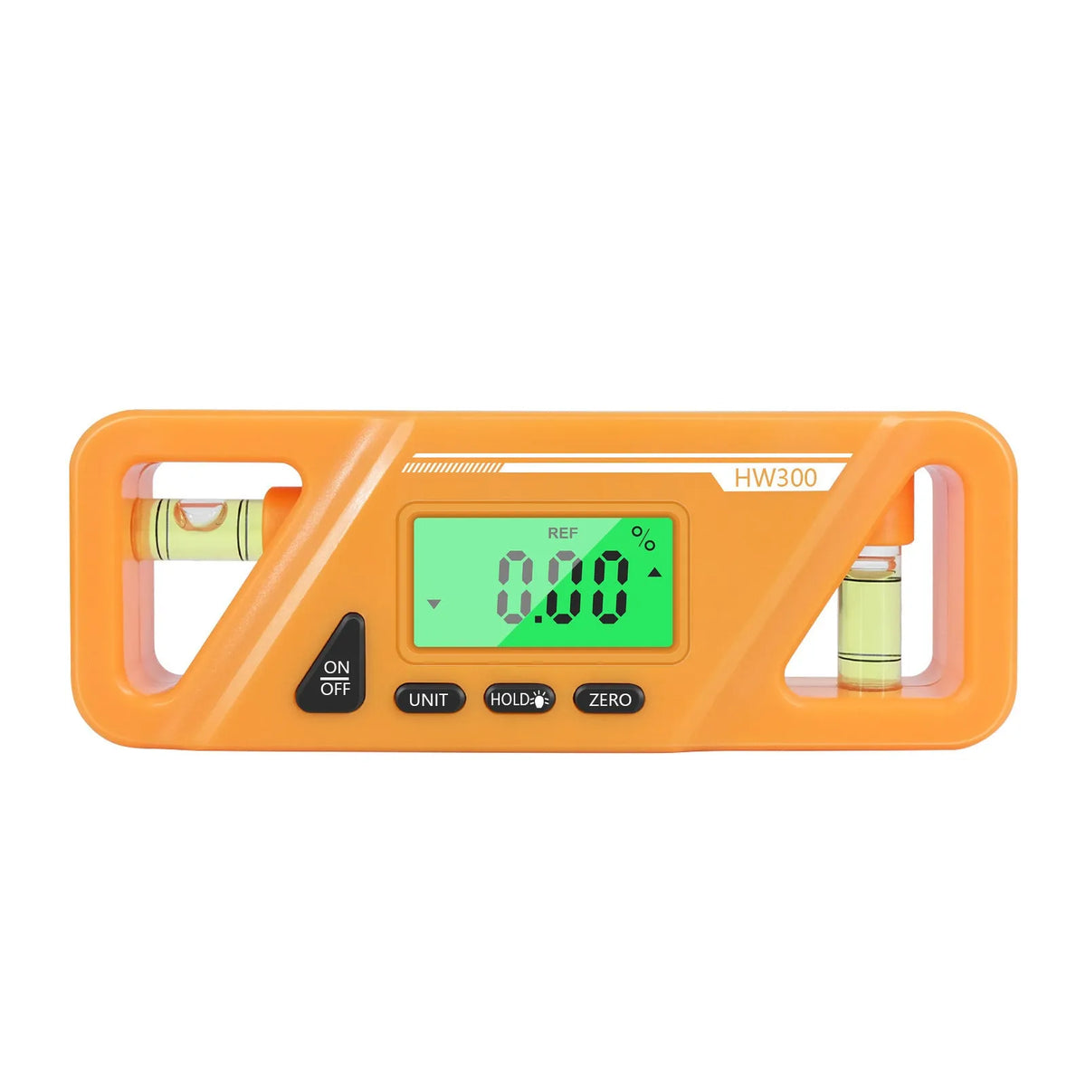 Digital display inclinometer level meter with magnetic strip on its base showing angle reading.
