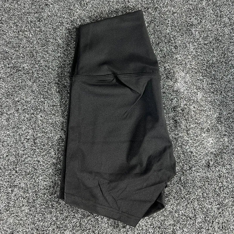 Ladies high-waist yoga shorts in moisture-wicking nylon fabric, shown in various colours