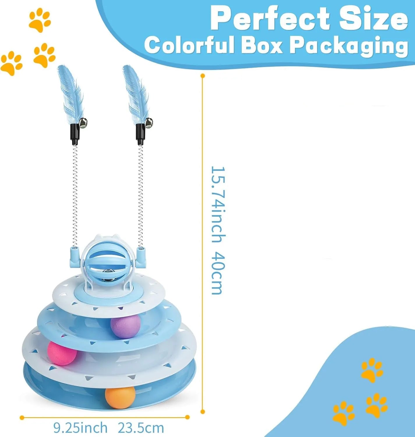 Blue 4-tier interactive cat toy with balls and teasing rods on a non-slip base.