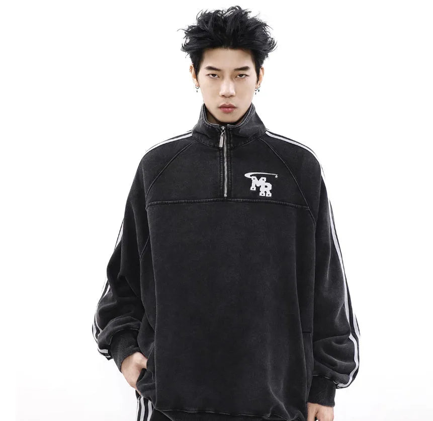 Black American retro hoodie with stand collar, Hong Kong style couple sweater jacket