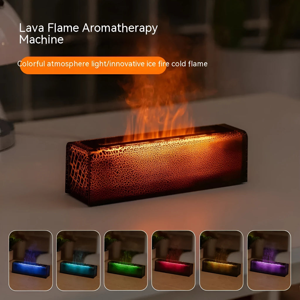 Creative square desktop humidifier and aroma diffuser with colourful flame lighting effect in black and white colour options.