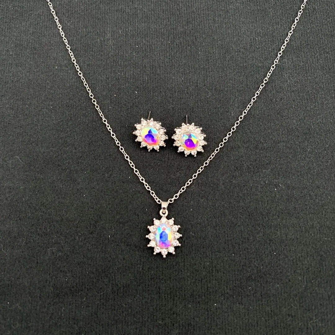 Alloy necklace and earring set with elliptical zircon elements in electroplated colours