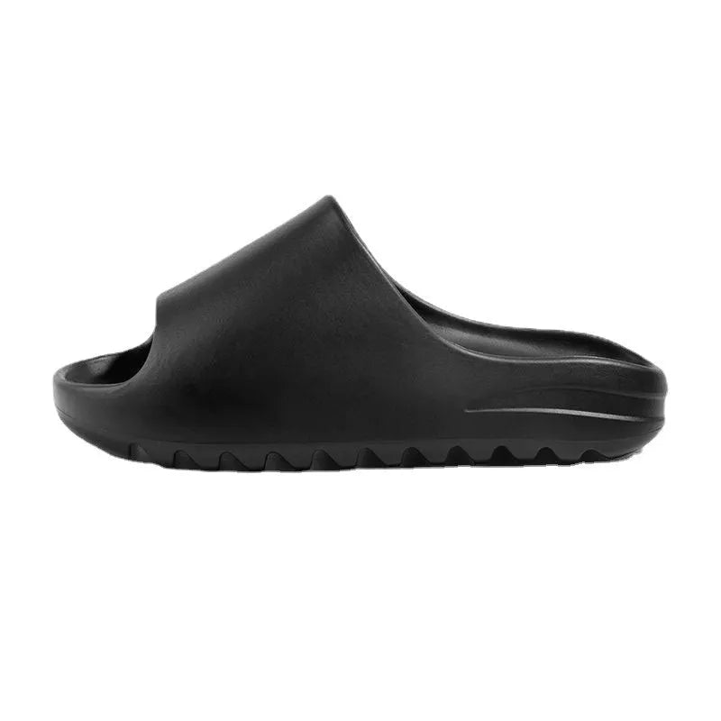 Women's thick-soled EVA beach slippers in beige, black, brown, or green on a plain background.