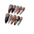 Handmade French style artificial nail stickers with leopard, cross, and flower prints in long-tip wear-resistant design.