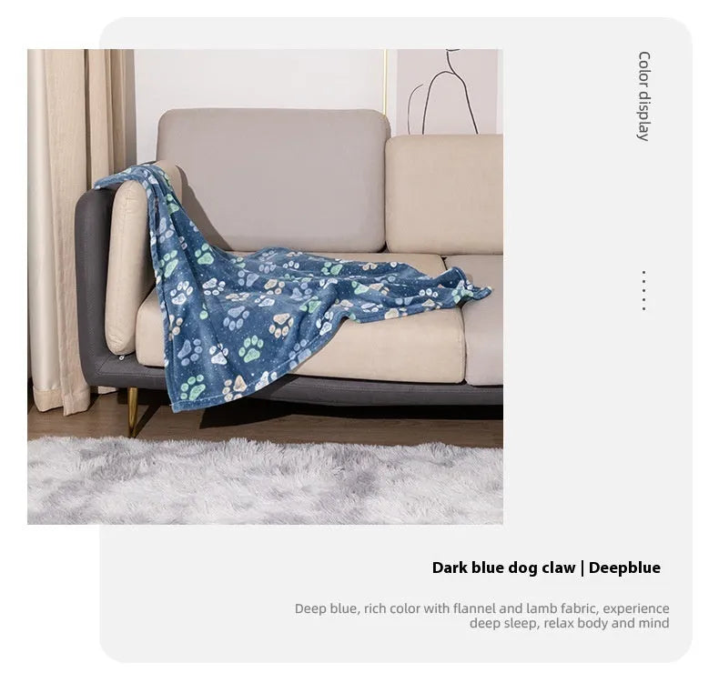 Cartoon print pet blanket in blue dog design showing double-sided thickened flannel construction