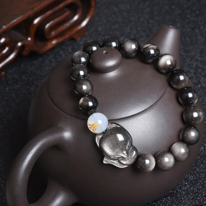 Natural obsidian zodiac guardian bracelet with 10mm gemstone beads in three colour variations
