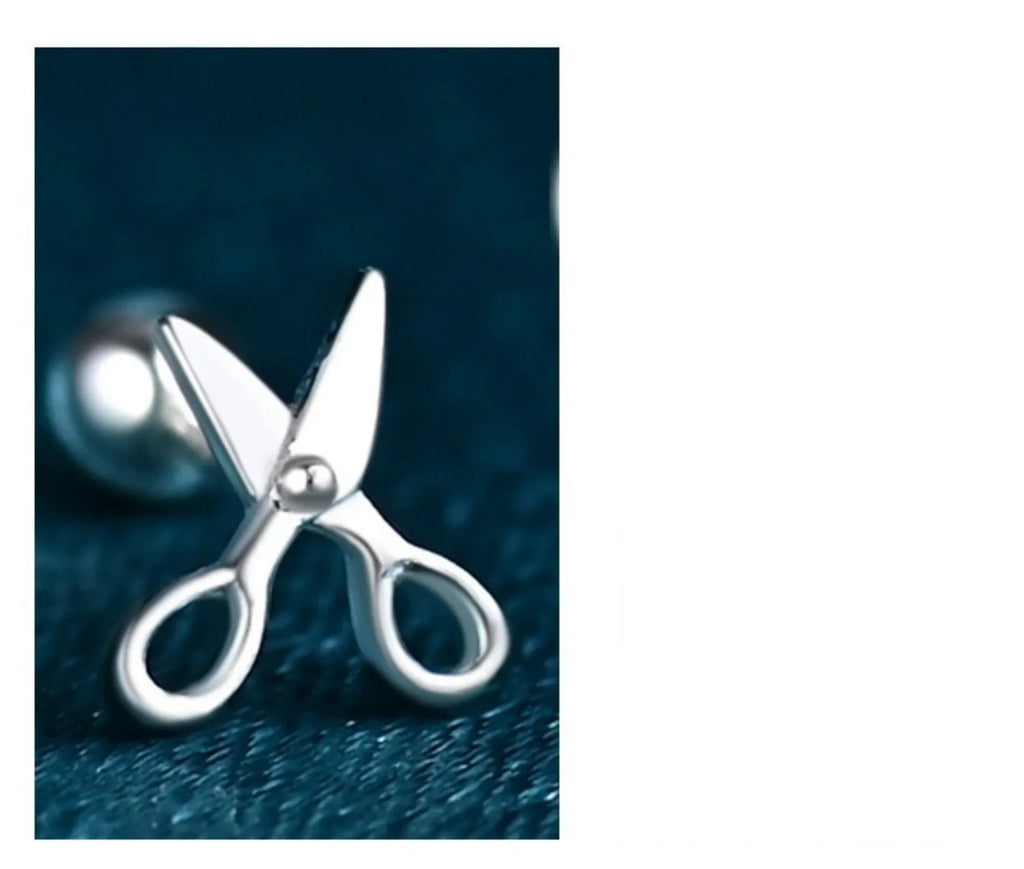 S999 pure silver screw back ear nails with mini scissors design for women