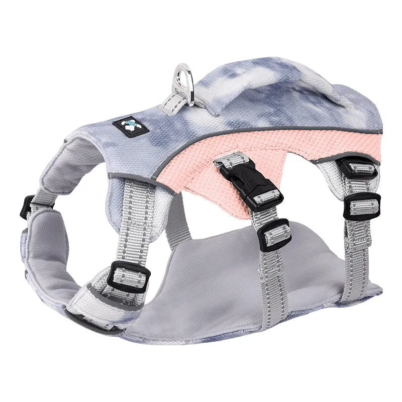 Reflective light blue dog chest strap shown on a dog for size and fit.