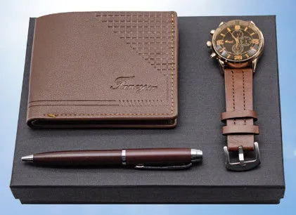 Brown and black gift set box containing a watch, a leather-look wallet, and a pen for business or personal gifting.