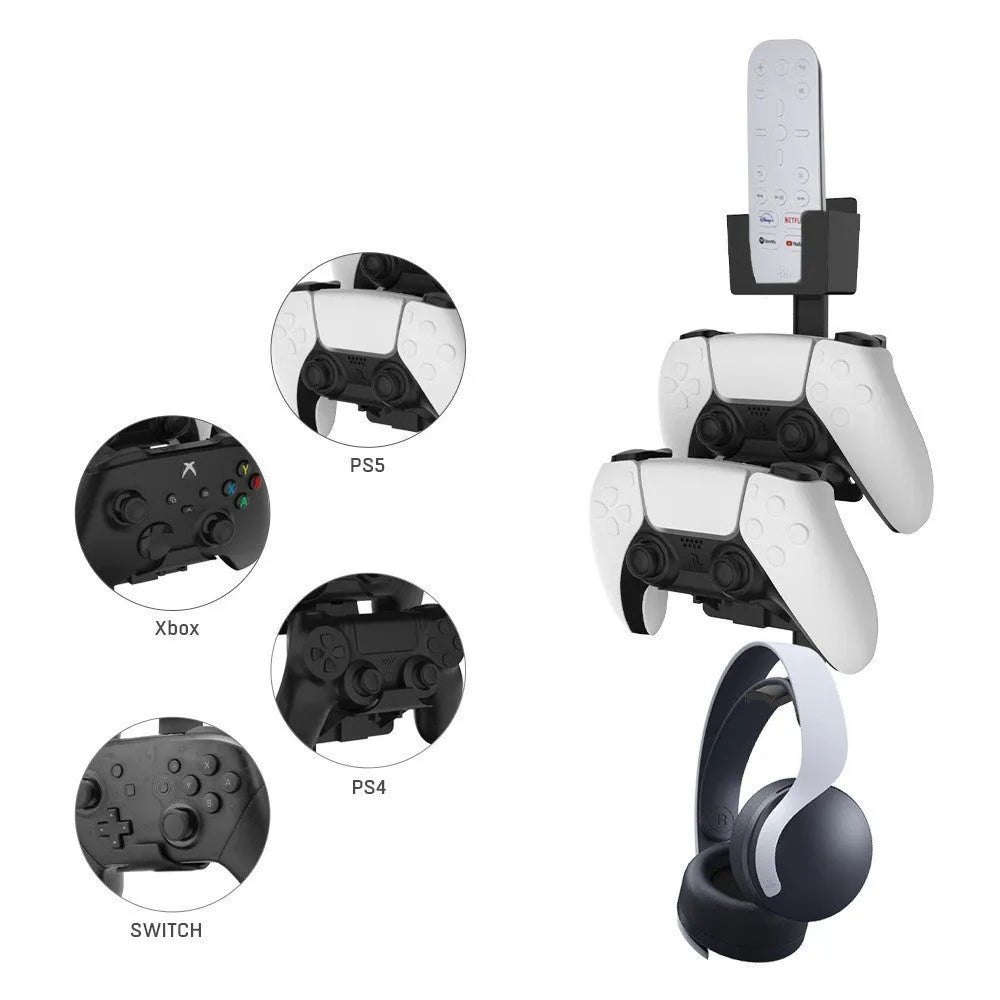 White and black ABS wall-mounted storage hooks holding gaming controllers and headphones