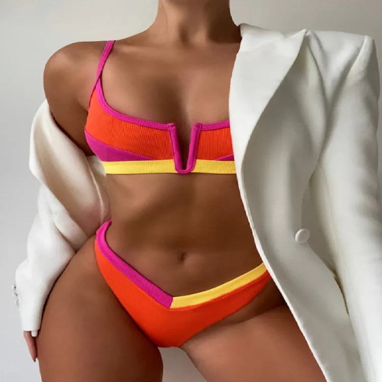 Women's high-waist triangle bikini swimsuit with split design in multiple colour options