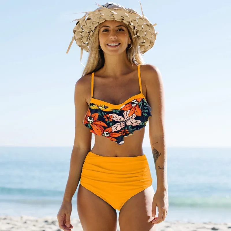 Women's blue floral high-waist bikini swimsuit with pleated pants for swimming and fitness