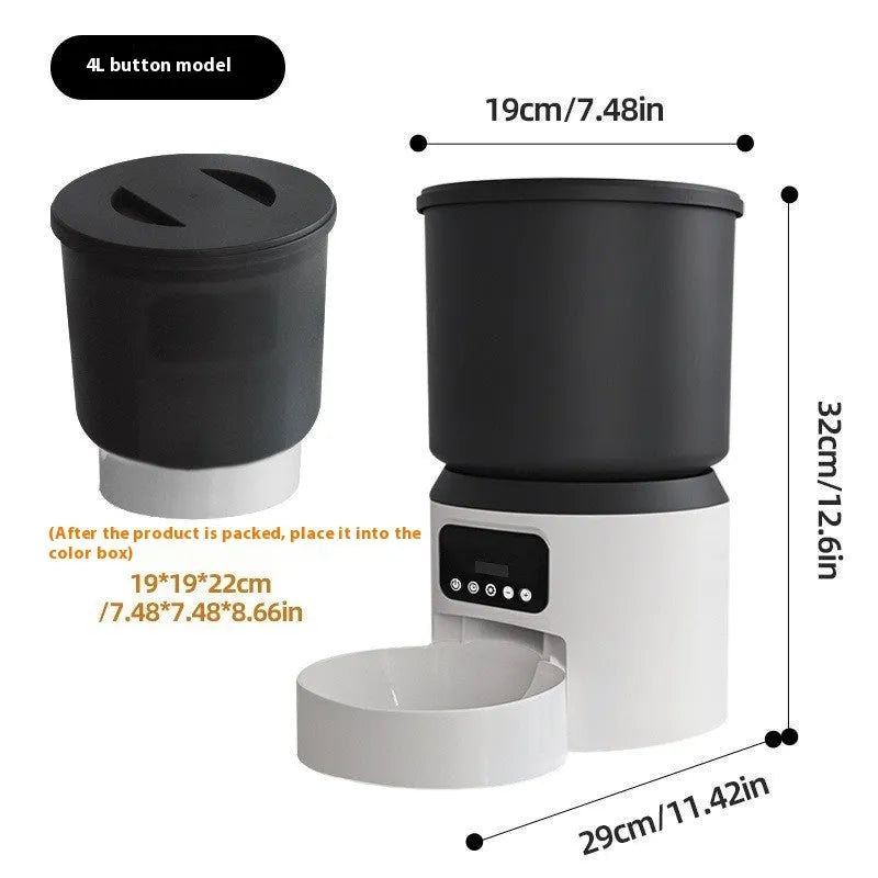 White 4-litre smart pet feeder with LED display, Wi-Fi antenna, and a stainless steel bowl on the floor.