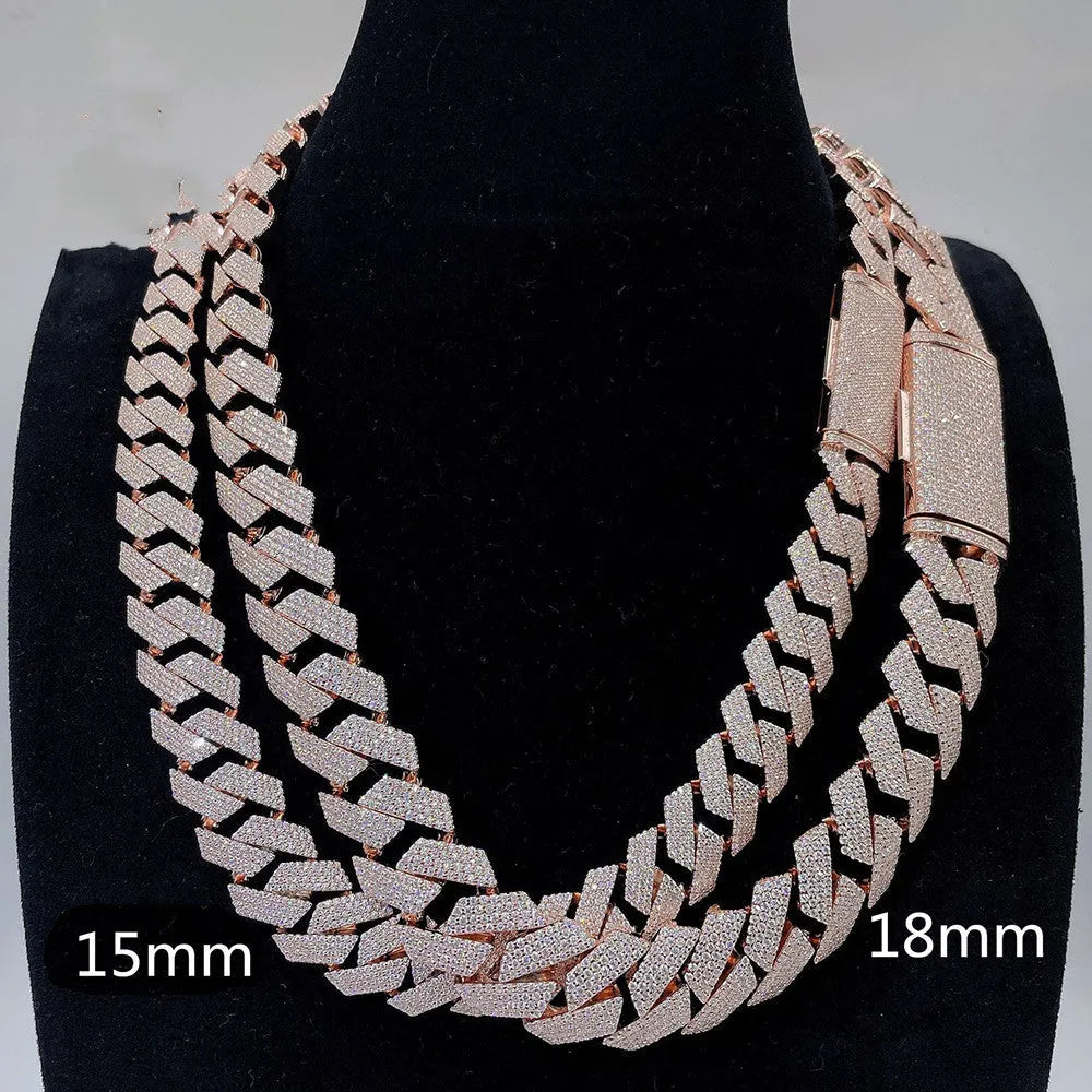 Moissanite Cuban link chain necklace in S925 silver, 18mm wide, shown in gold, platinum or rose gold