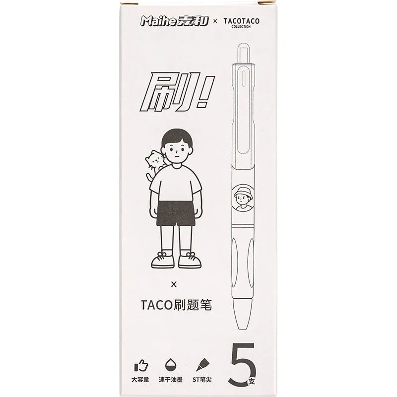 Five white and black 0.5mm ballpoint pens with quick-drying black ink for student writing