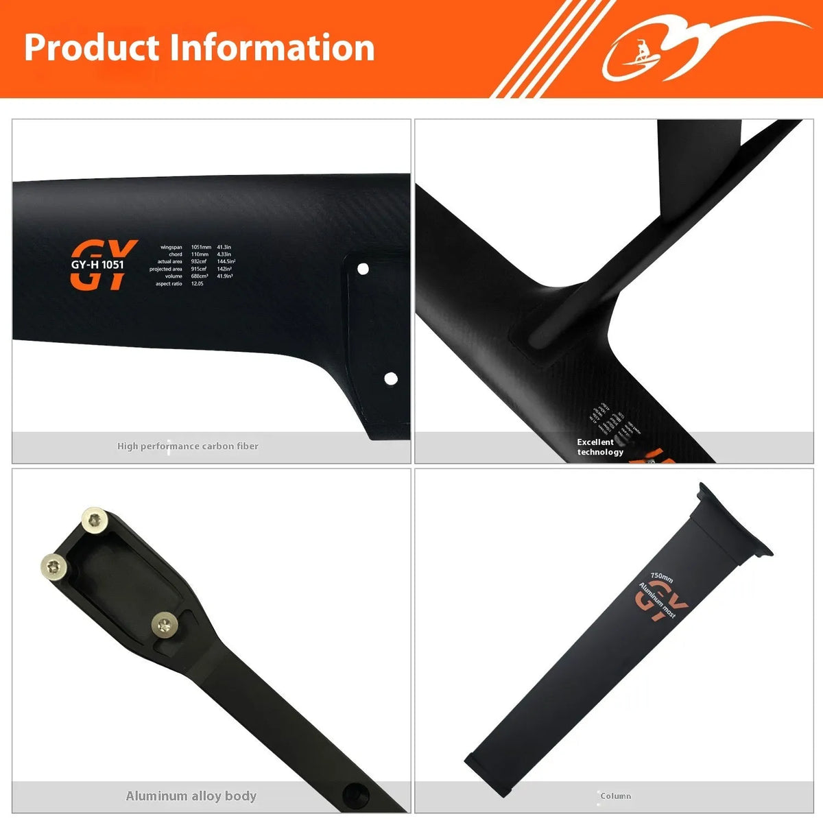 Black aluminium alloy and carbon fibre unpowered hydrofoil surfboard with large front wing.