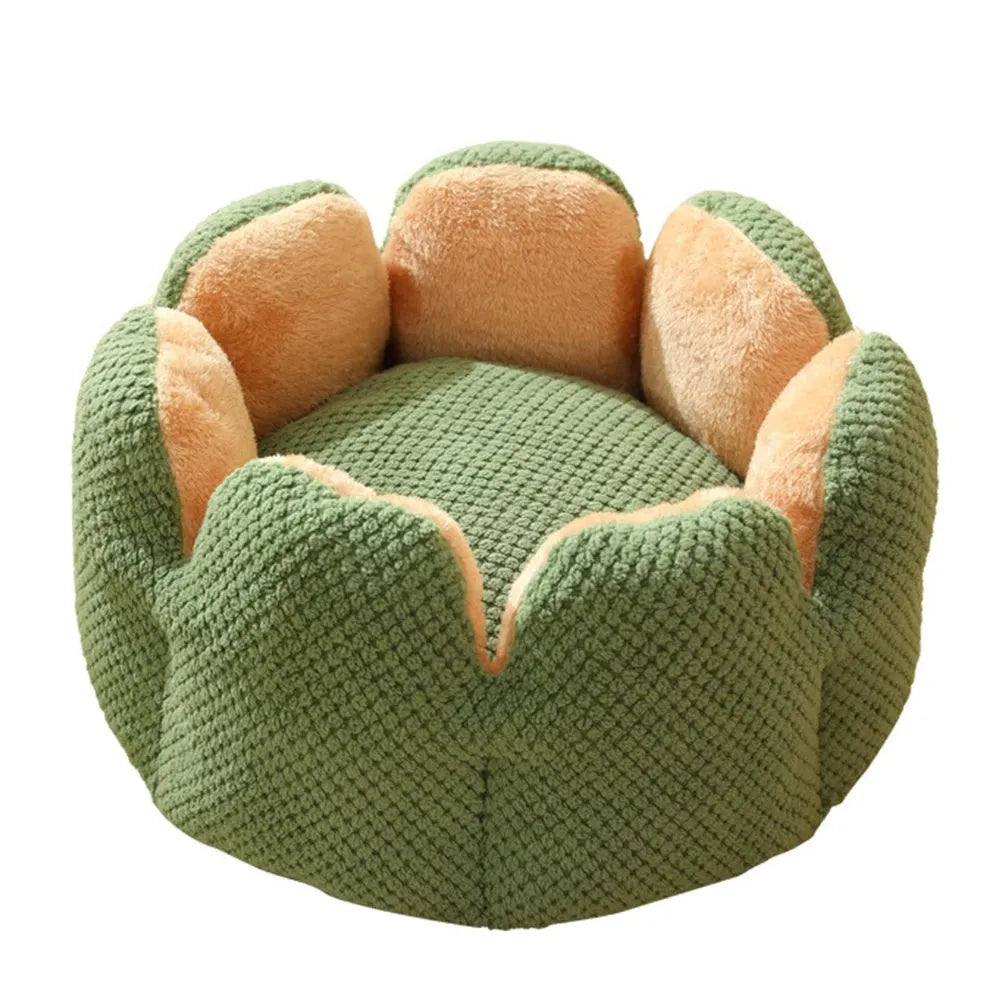 Green cactus petal shaped soft plush dog bed with a cave-like opening for cats and small dogs.