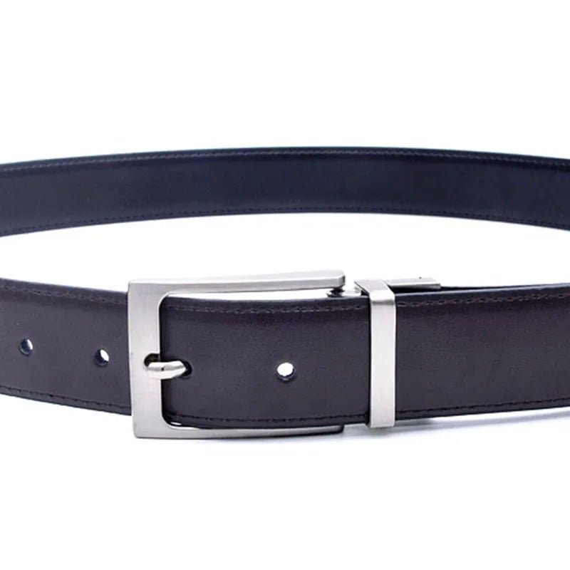 Men's brown and black genuine leather belt with rotating alloy pin buckle showing length adjustment