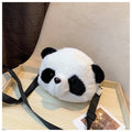 Plush cylindrical crossbody bag with panda head design measuring 18cm by 15cm by 8cm