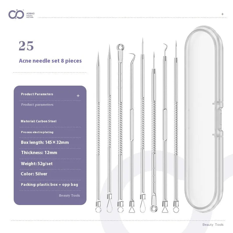 Four silver metal acne needles with ultra-fine pointed tips for blackhead extraction.