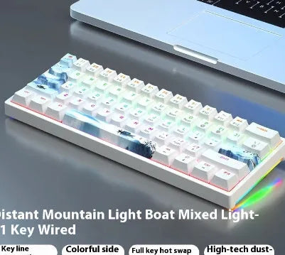 Blue and white 61-key compact mechanical keyboard with hot-swappable switches on black background