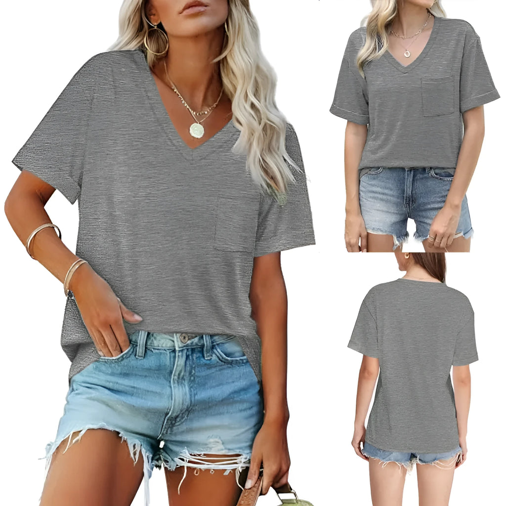 Grey loose fit V-neck t-shirt with chest pocket on mannequin