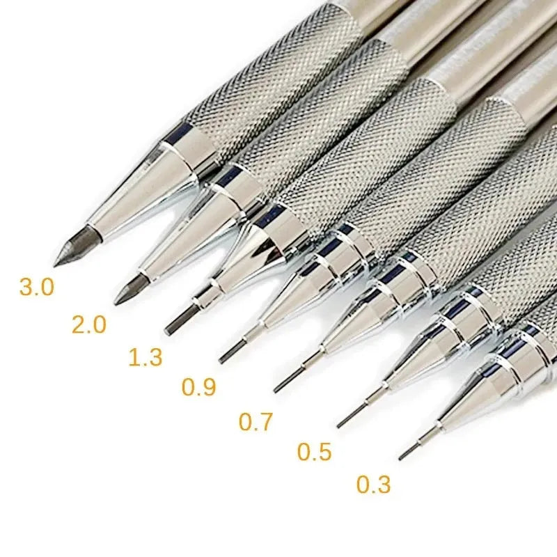 Metal automatic mechanical pencil shown with various lead size options including 0.5mm, 0.7mm, and 2.0mm.