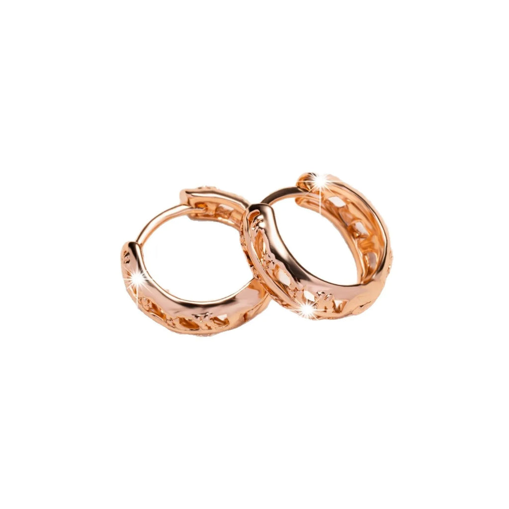 Copper hollowed-out earrings with heart and leaf shapes in rose gold finish