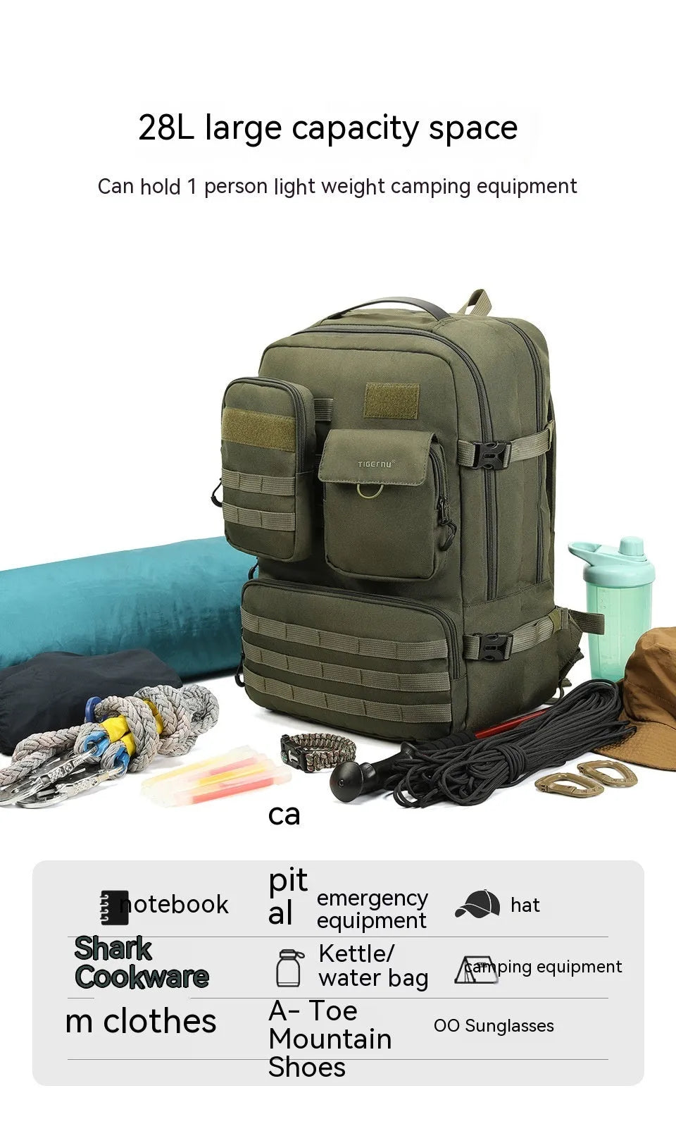 Army Green waterproof tactical nylon backpack with straps and compartments