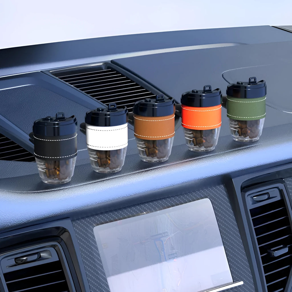 Coffee cup shaped car air freshener with solid fragrance in various colour options