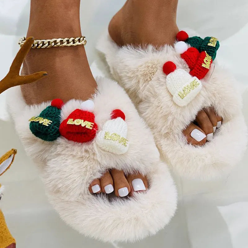 Women's Christmas hat design slippers with hairy faux plush upper and rubber soles