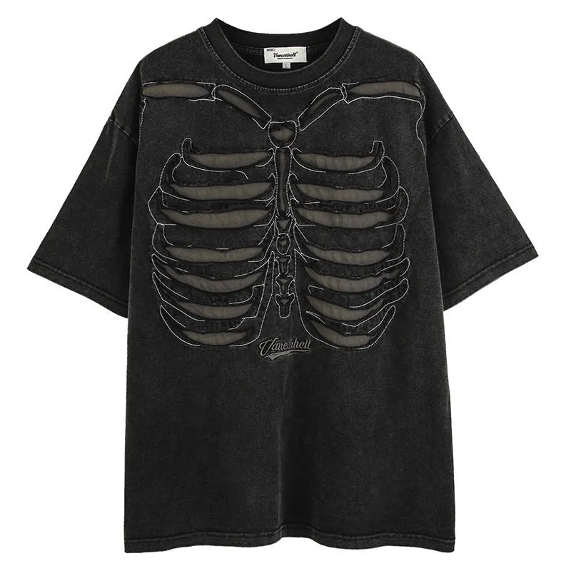 Black cotton t-shirt with skull pattern and drop shoulder sleeves, loose fit streetwear style