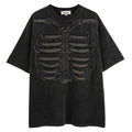 Black cotton t-shirt with skull pattern and drop shoulder sleeves, loose fit streetwear style