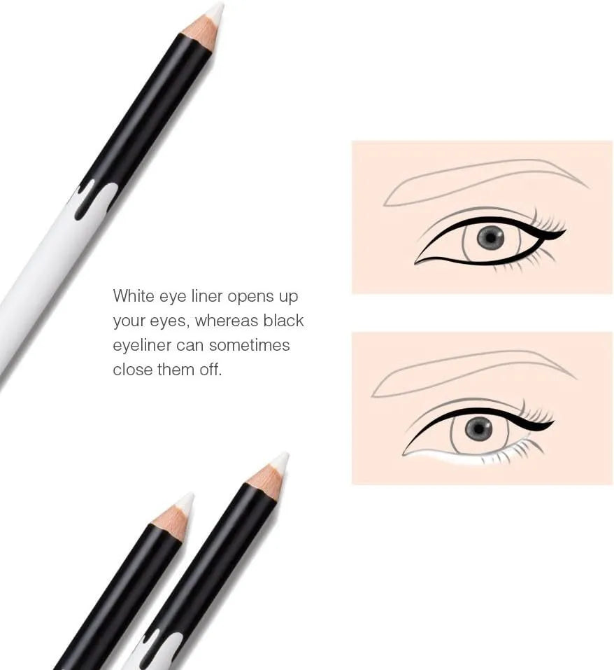 12 white and black retractable makeup pencils with a sharpener on a pink background