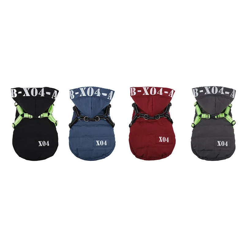 Winter fleece-lined waterproof dog jacket with hood in black blue gray or red colours