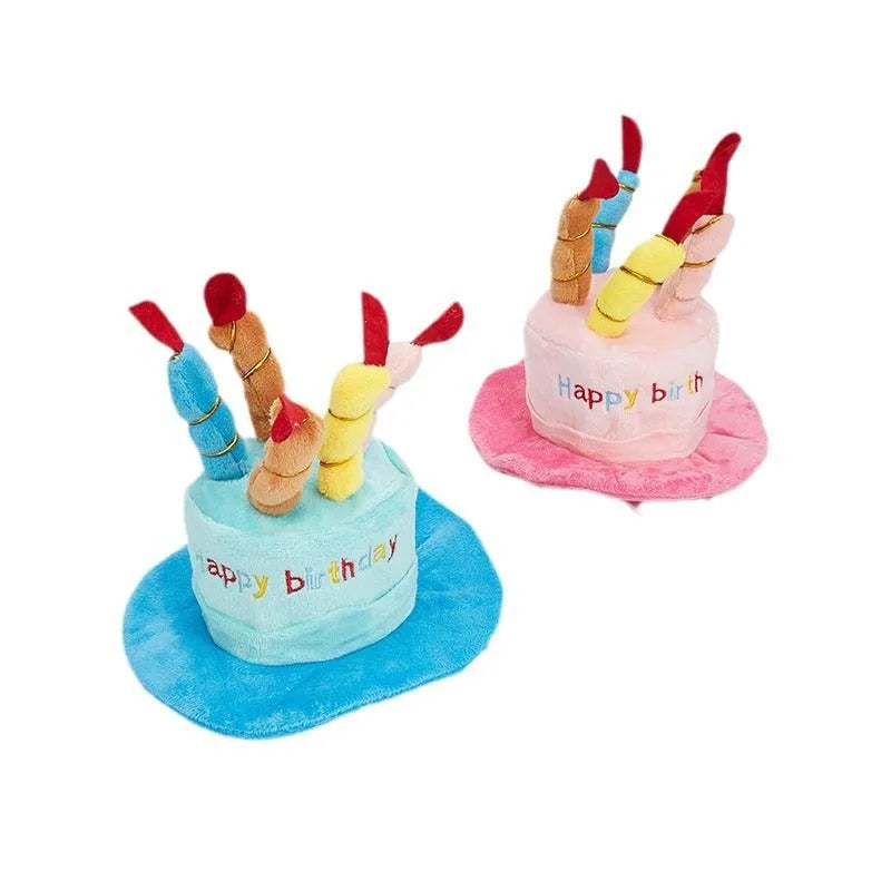 Blue and pink small dog birthday hat toy showing 21cm by 15cm by 6.5cm dimensions