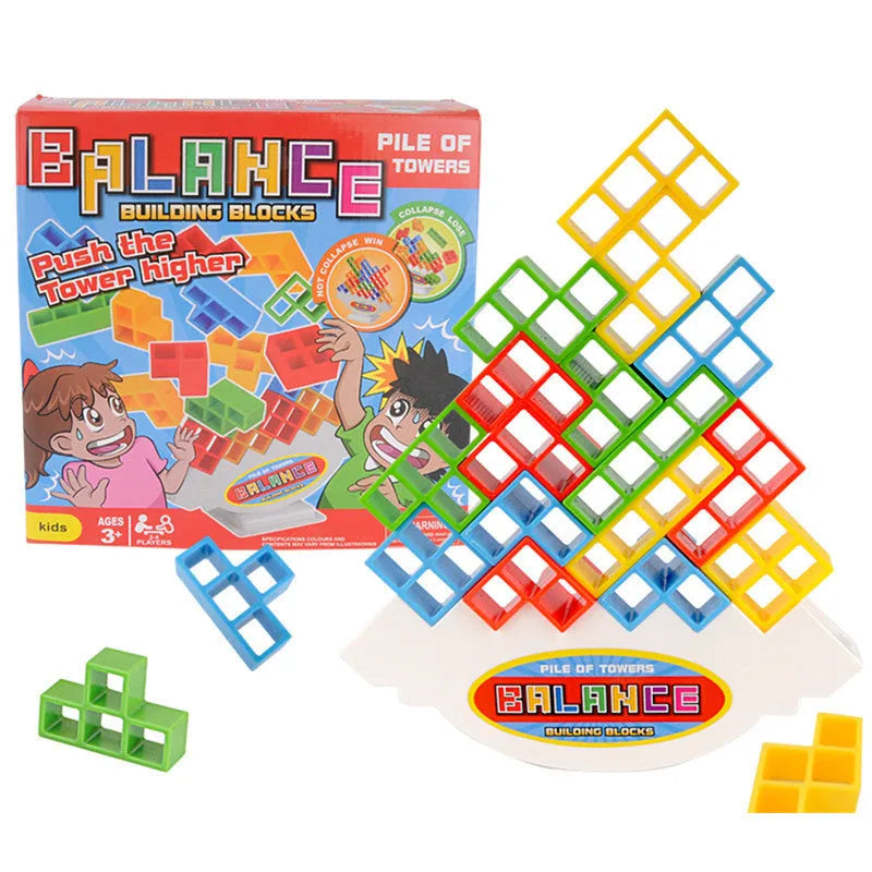 Plastic balance stacking board game with 16 coloured blocks, chassis, and base on a table